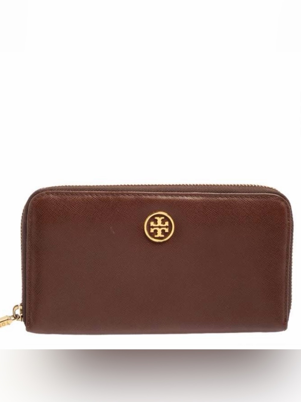 Tory Burch Dark Brown Leather Zip Wallet with Gold Logo